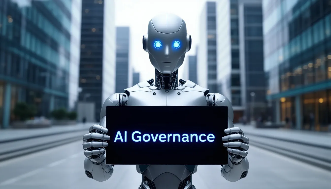 a robot holding a sign "AI Governance"