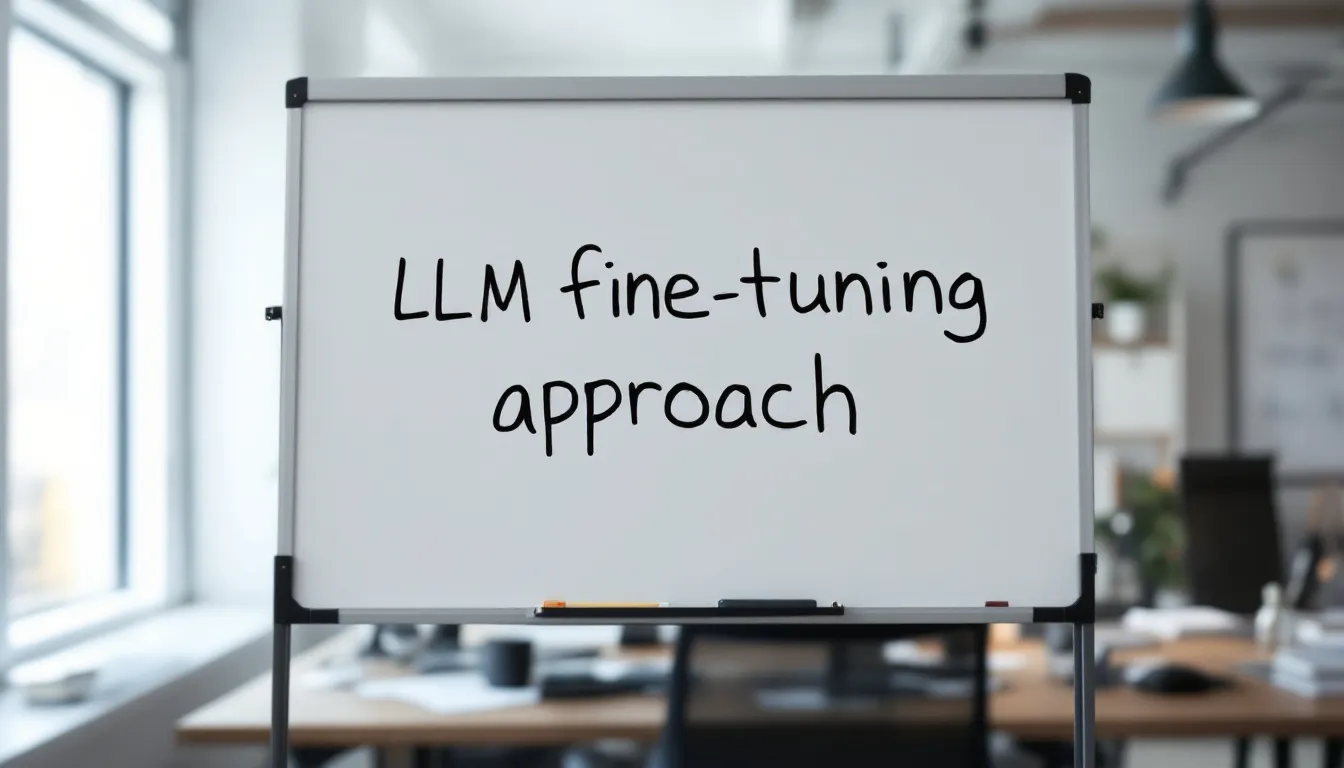 a robot holding a sign in the office "llm fine-tuning approach"