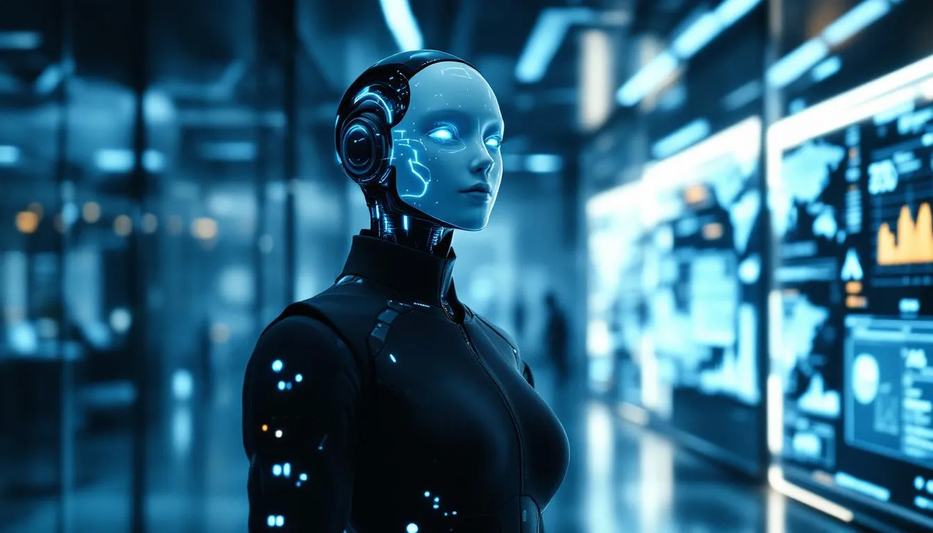 futuristic autonomous AI agent rendered as a hyper-realistic humanoid assistant