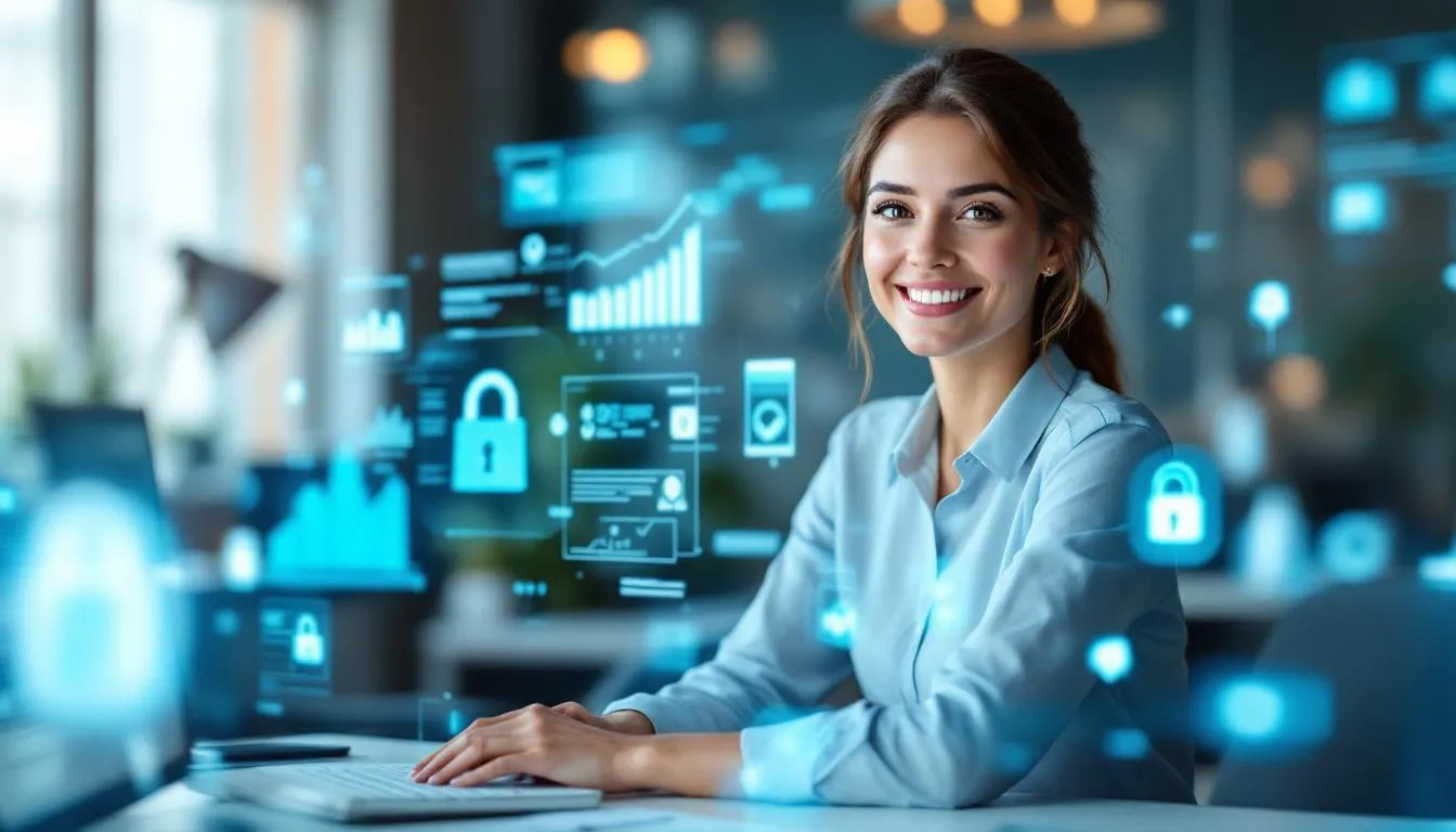 calm, reliable artificial intelligence assistant represented as a friendly futuristic holographic interface, professional business setting, clean soft lighting. a confident woman in her early 30s with warm expression sits at a modern desk