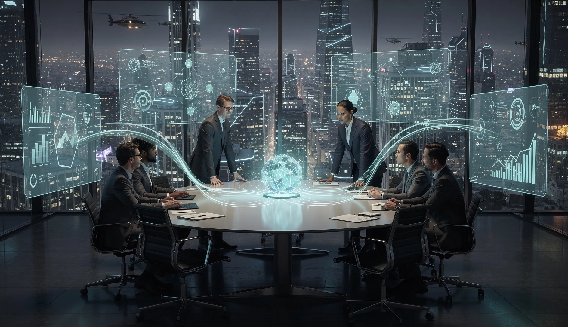 An illustration, of a company, exploring in holographs, various information sources