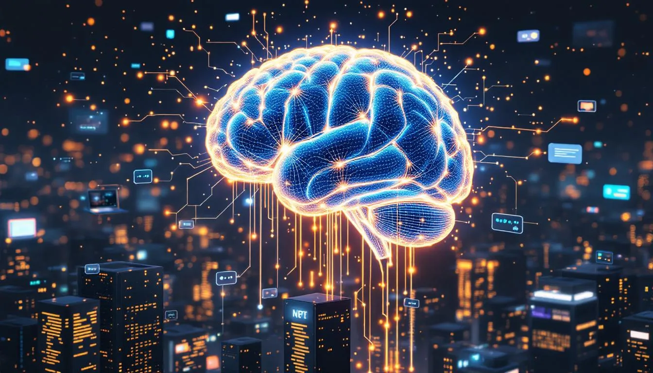 An illustration for a brain in a hologram that represents Artificial Intelligence